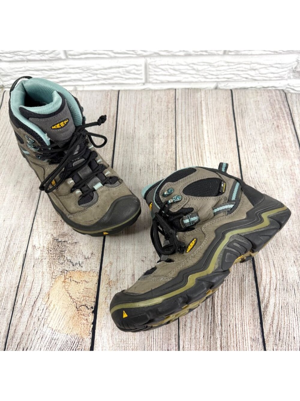 Keen Durand Mid Waterproof Hiking Boots Grey Green Leather Blue Interior Size 10